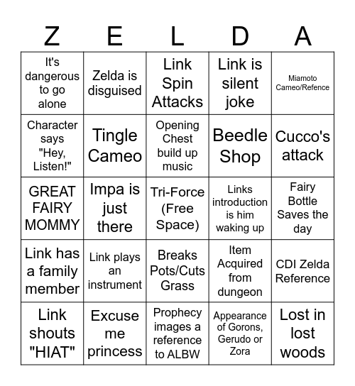 The Legend of Zelda Movie Predictions Bingo Card