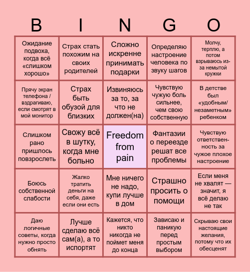 Детские травмы Bingo Card