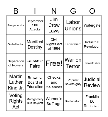 U.S. History Bingo Card