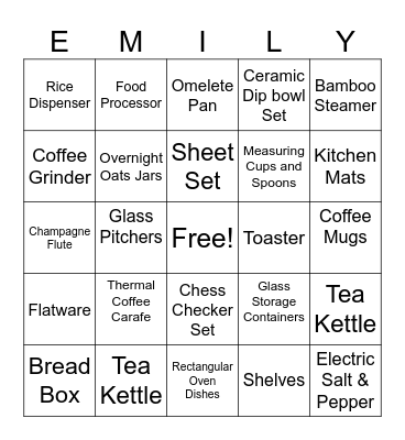 EMILY'S BRIDAL SHOWER BINGO Card