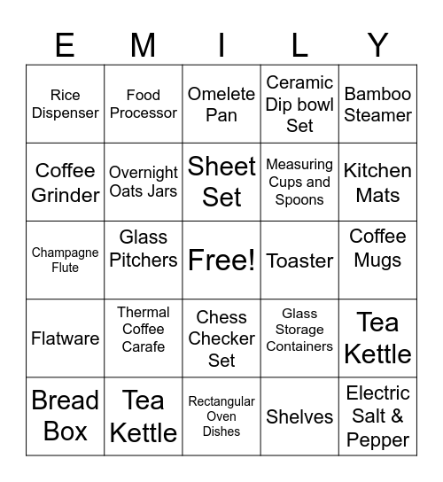 EMILY'S BRIDAL SHOWER BINGO Card