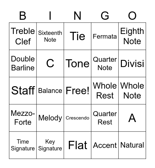 Concert Band Bingo Card