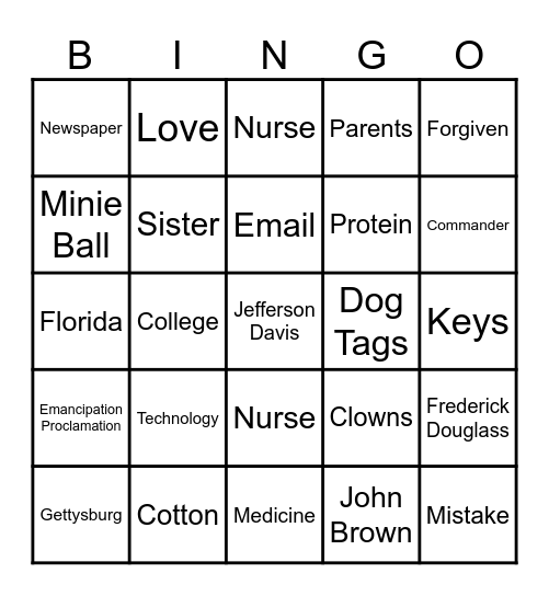 Civil War Bingo Card