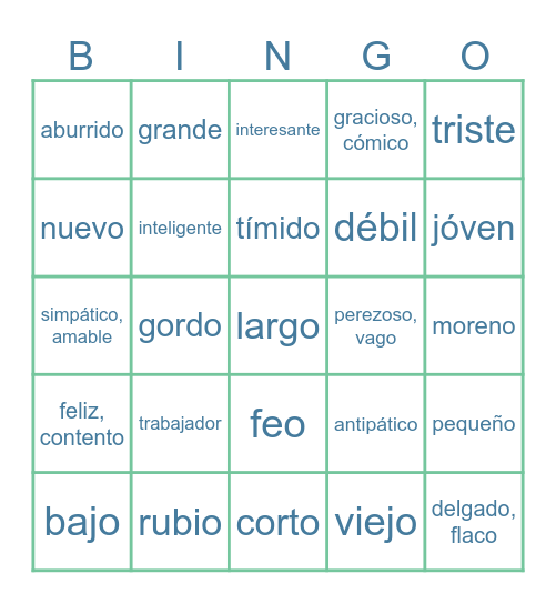 Adjetivos esenciales Bingo Card