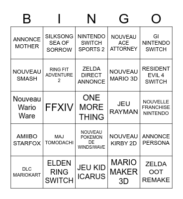 Nintendo Direct Bingo Card