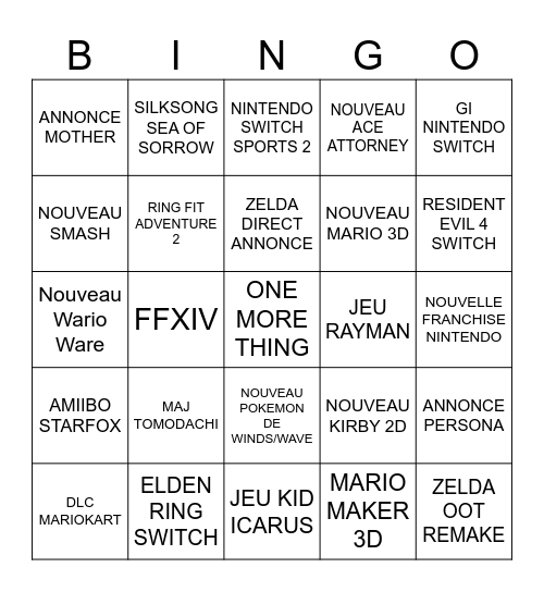 Nintendo Direct Bingo Card