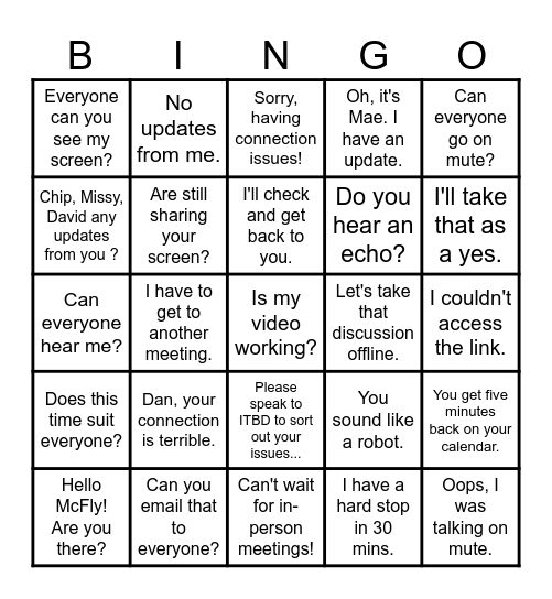 Microsoft Teams Bingo Card