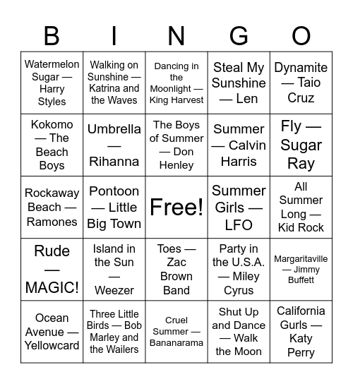 Summer thoughts Bingo Card