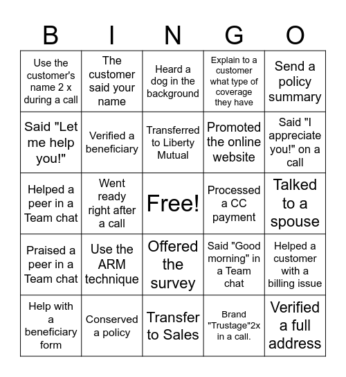 Friday Bingo Card