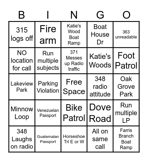 Lake Bingo Card