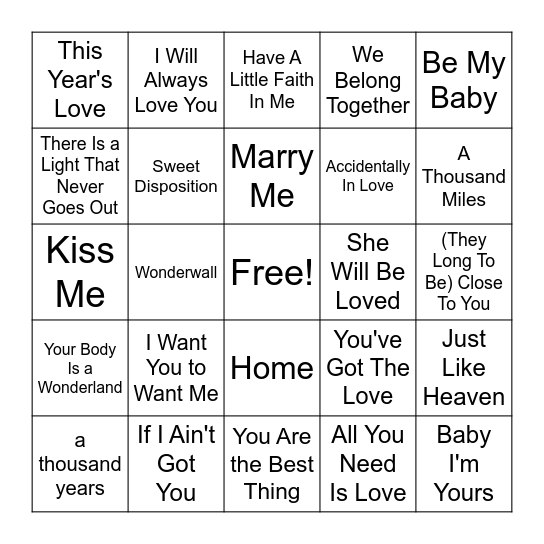 R1 & R2 - Love Songs Bingo Card