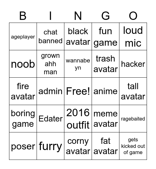Roblox Bingo Card