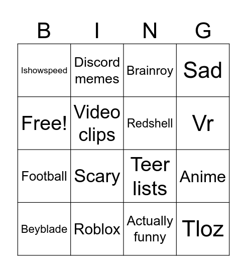 Yt shorts bingo Card