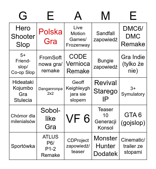Game Week 2026 Bingo Card