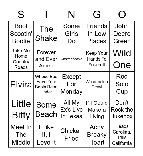 Country Singo Bingo Card