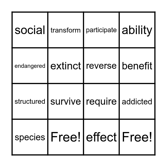 English 3D Issues: Vocabulary Bingo Card