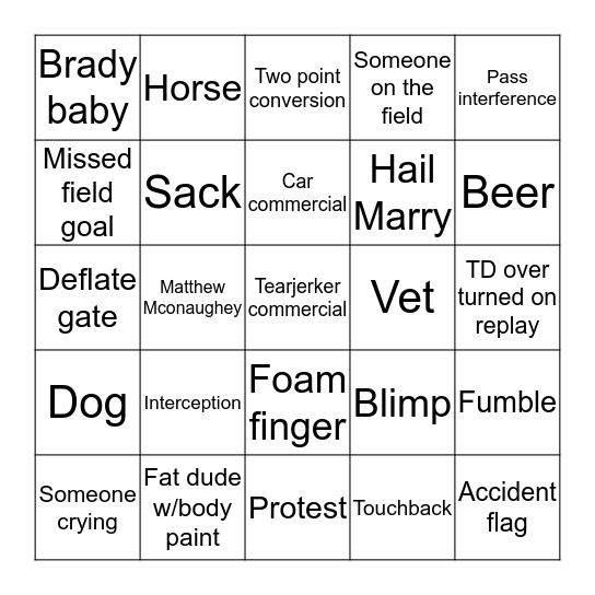 Super Bowl Bingo Card