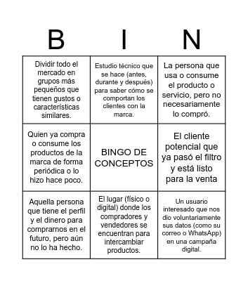Bingo de Conceptos Bingo Card