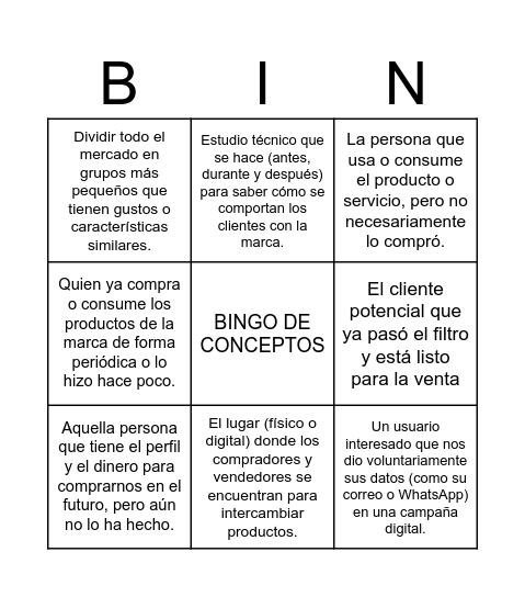 Bingo de Conceptos Bingo Card
