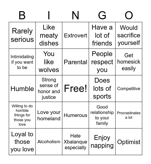Varka Kinnie Bingo Card