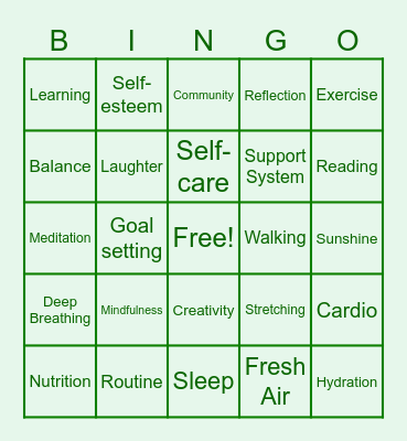 Wellness Goals Bingo Card