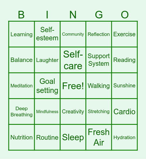 Wellness Goals Bingo Card