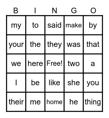 K sight words Bingo Card