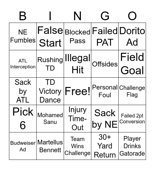 Superbowl XLI Bingo Card