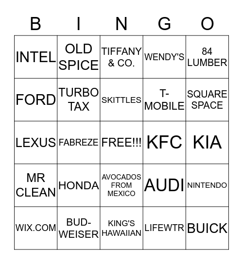 SUPER BOWL 51 BINGO Card