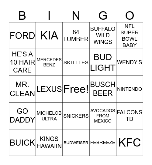 SUPER BOWL LI Bingo Card