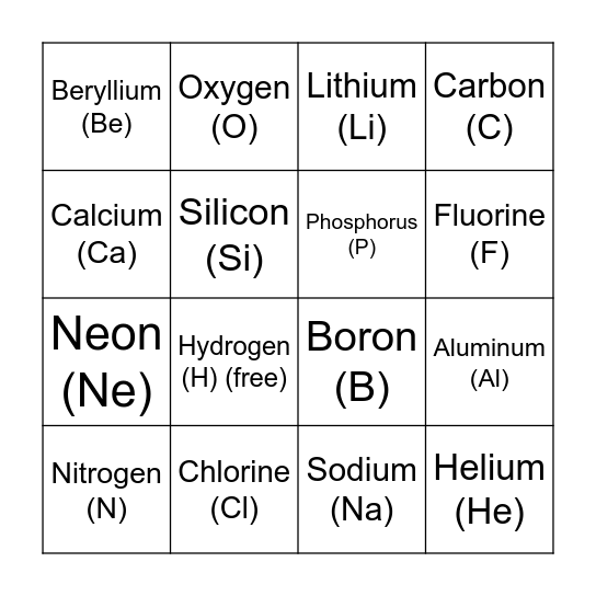 Periodic Table Bingo Card