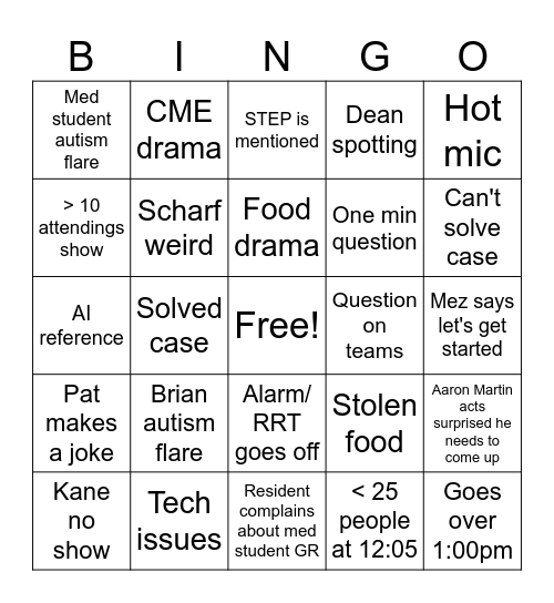MED STUDENT Bingo Card