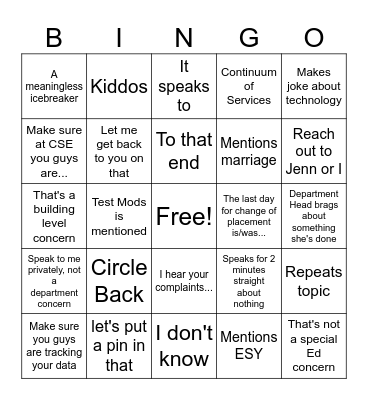 SWD Meeting Bingo Card