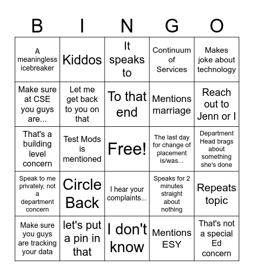 SWD Meeting Bingo Card