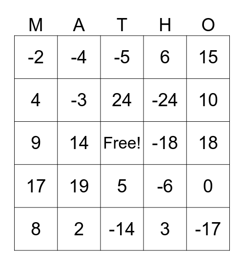 MATHO Bingo Card