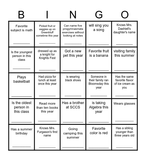 End of the Year Bingo! Bingo Card