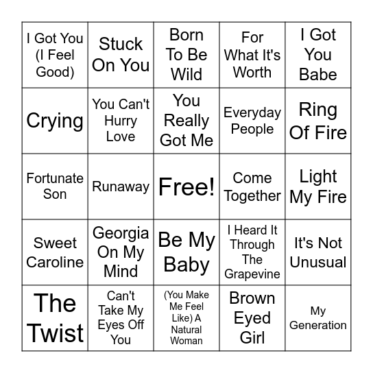 60s Music Bingo Card