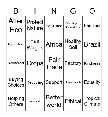 Fair Trade Chocolate Bingo Card