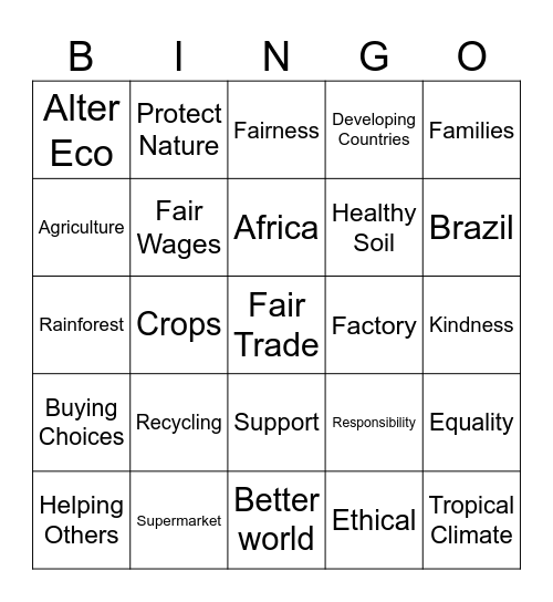 Fair Trade Chocolate Bingo Card