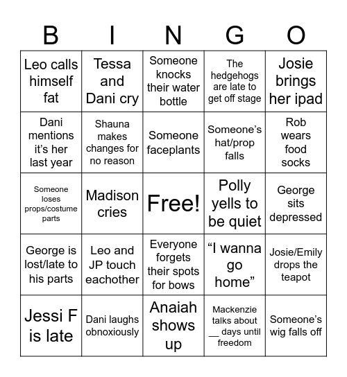 Alice in Wonderland Dress/Show Bingo Card