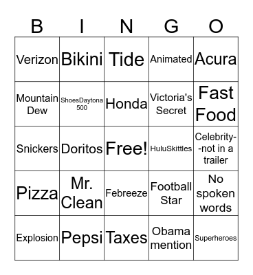 Superbowl BINGO-Commercials Bingo Card