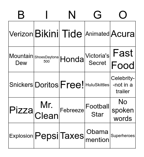 Superbowl BINGO-Commercials Bingo Card