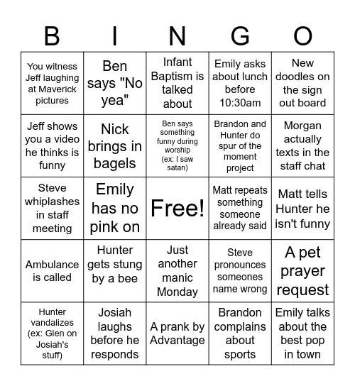 Staff Bingo Card