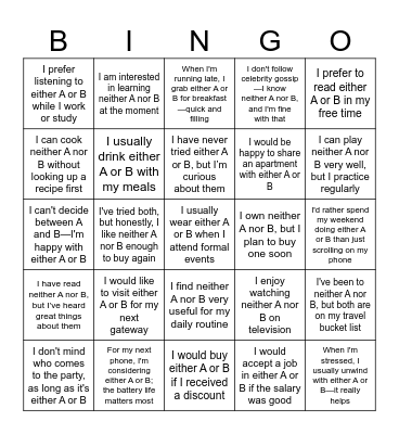 either...or/neither...nor Bingo Card