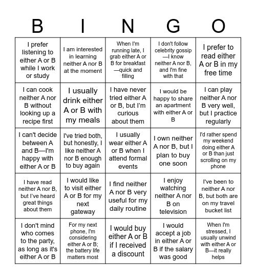 either...or/neither...nor Bingo Card