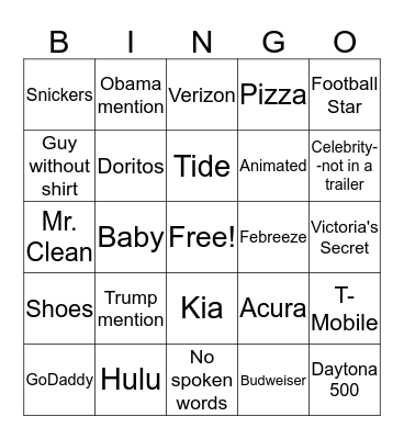 Superbowl BINGO-Commercials Bingo Card