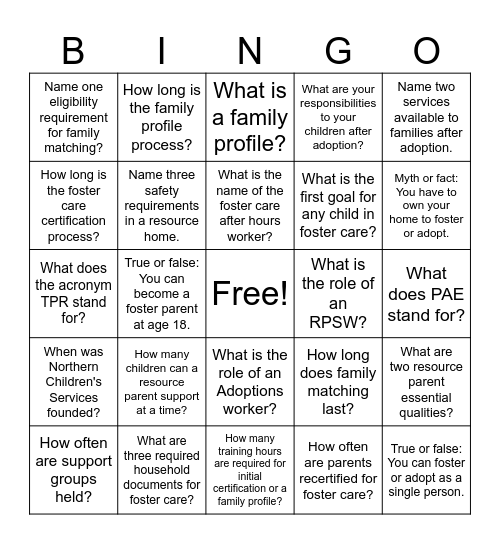 Foster Care & Adoptions Bingo! Bingo Card