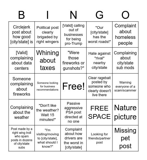Local city/state sub bingo Card