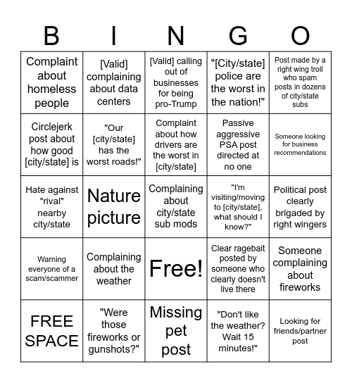 Local city/state sub bingo Card