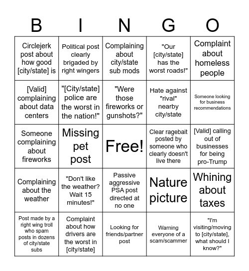 Local city/state sub bingo Card